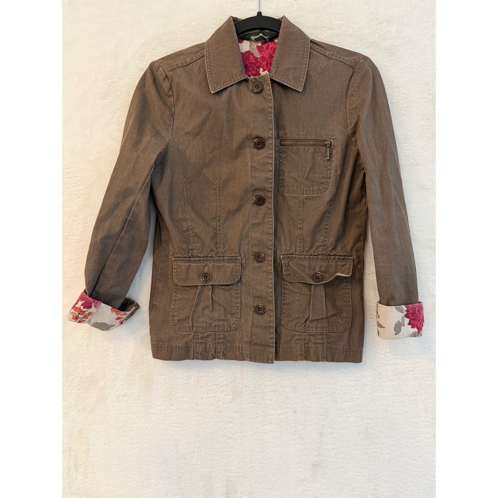 Eddie Bauer Utility Field Jacket Womens 2 Brown Cotton Floral Lined Safari Coat